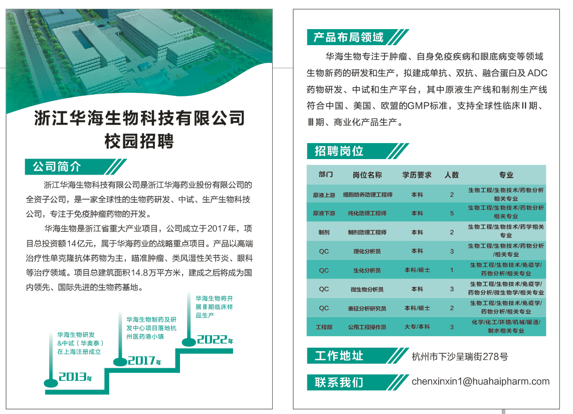 浙江華海生物科技有限公司2021春季招聘